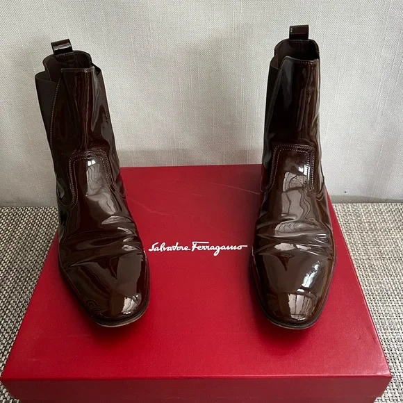Men's Salvatore Ferragamo Brown Patent Leather Boots